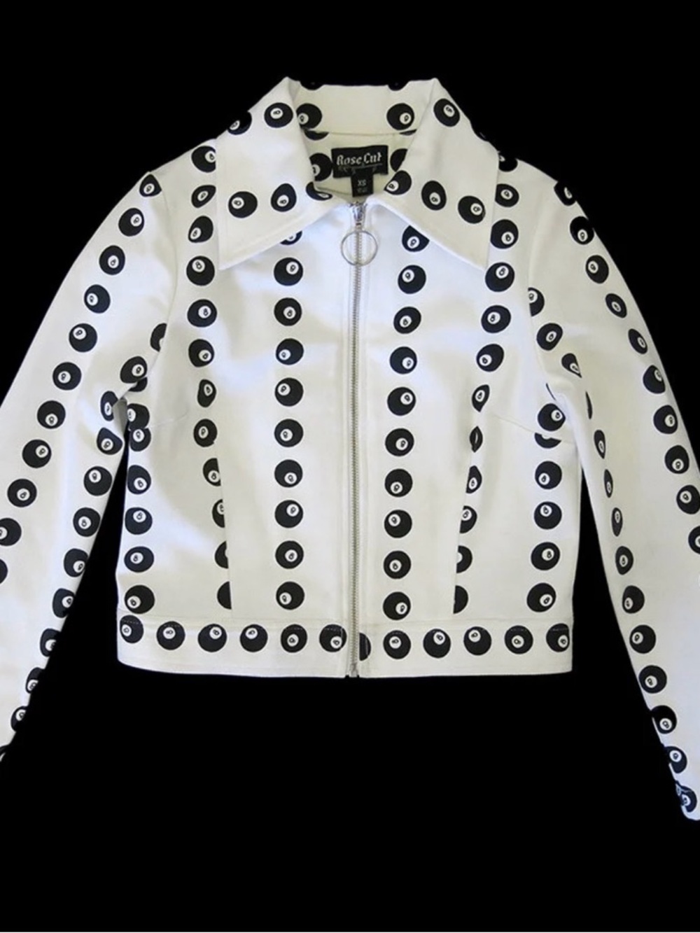 NWOT Rose Cut Clothing 8 Ball Zip Front 70s Style Cropped Jacket